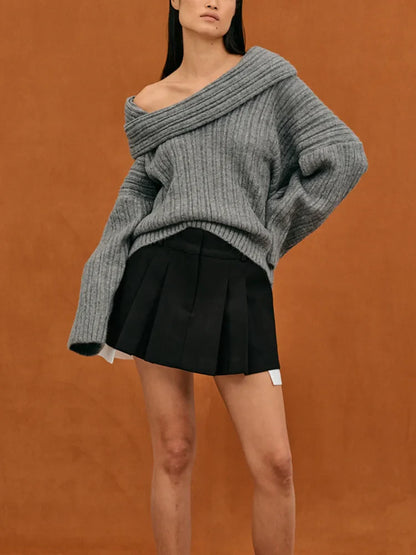 maoxiangshop -  Rib Knit Off Shoulder Pullover For Women Fashion Long Sleeved White Warm Knitwear Sweater Autumn Chic Female Street Jumper