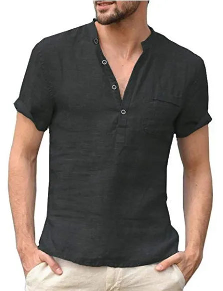 maoxiangshop Men Casual Cotton Linen ShirtsStanding Collar Male Solid Color Long Sleeves Loose Tops Spring Autumn Handsome Men's Shirts