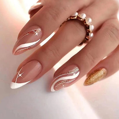 24Pcs Pink Almond False Nails Shiny Golden Ripples Stiletto Fake Nails Detachable Oval Full Cover Press on Nails Tips Manicure