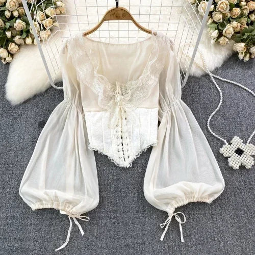 maoxiangshop Court Style Corselet Blouse Women Chiffon Lace Patchwork Elegant Blusas V-neck Lantern Sleeve Female Autumn Blouses