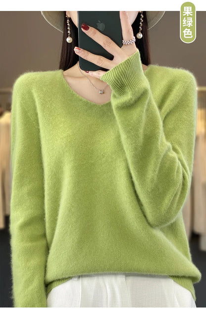 maoxiangshop Pure Wool V-Neck Sweater Women's Short Autumn And Winter All Loose And Thin Pullover Sweater Base Shirt Solid Color Authentic