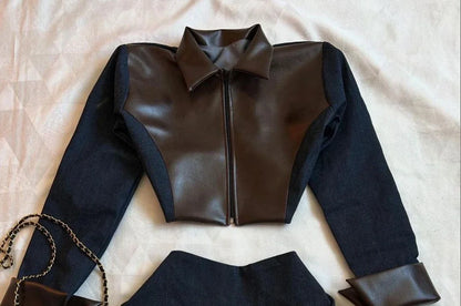 maoxiangshop  -  Y2K Harajuku Gothic Leather Jacket Casual Skirts Gothic Fashion Leather Patchwork Two Piece Clothing gothic Women Hot Sweetheart