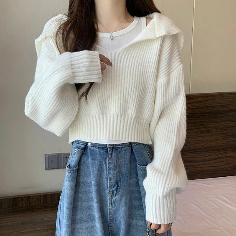 maoxiangshop Rimocy Long Sleeve Cropped Sweater Women Autumn Winter Turn Down Collar Knitted Jumper Woman Korean Style Solid Color Jerseys