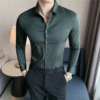 maoxiangshop Mens Shirts Autumn New Long Sleeve Stripe Dress Shirt Solid Casual Formal Wear Slim Fit Chemise Homme Camisas Men Clothing