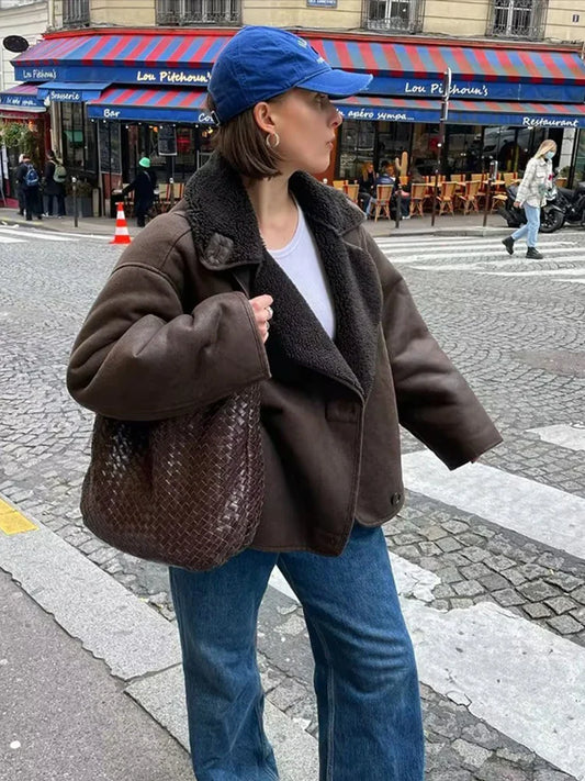 maoxiangshop  -  Fashion Woman Thick Faux Leather Jackets Women 2024 Winter Warm Wool Blends Chic Coats Lapel Pu Plush New In Outerwear