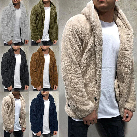 maoxiangshop Men's Teddy Bear Fleece Coat Cardigan Winter Warm Hooded Coat Fashion Solid Color Long Sleeve Pocket Button Hooded Warm Coat