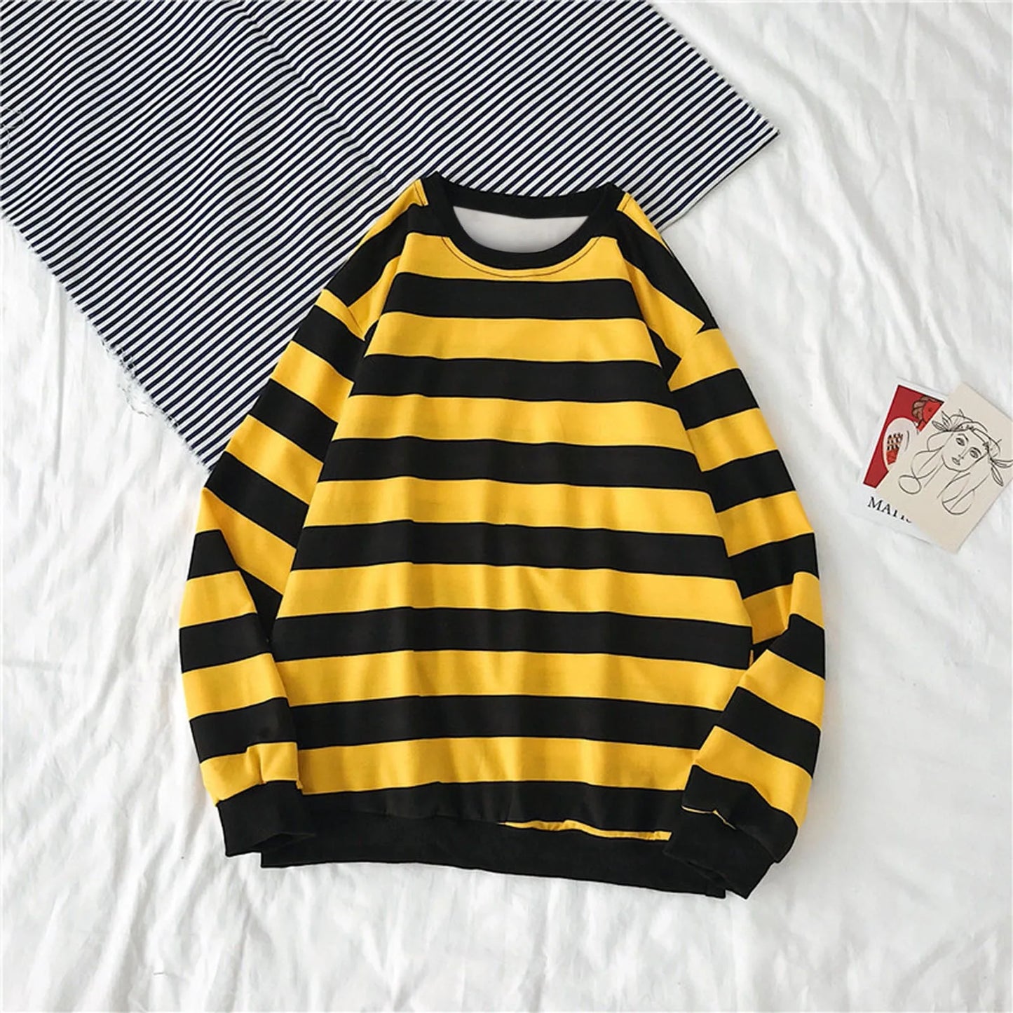 maoxiangshop Pullover Tops Long Sleeved Loose Casual Hoodies Sudadera Mujer Autumn Winter Women's Hoodies Round Neck Stripe Sweatshirt