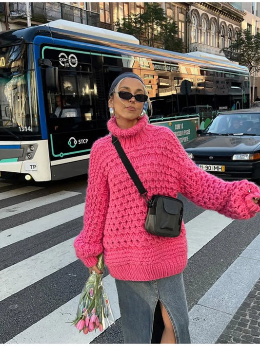 maoxiangshop  -  Fashion Solid Thick High Neck Sweater Women Casual Loose Long Sleeved Pullover Sweaters Autumn Winter Female Warm Knitwear