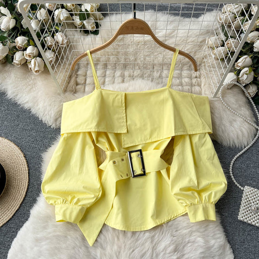 maoxiangshop New Fashion Women Spring Summer Yellow Shirt Sexy Spaghetti Strap Slash Neck Off Shoulder Long Sleeve Blouse with Belt