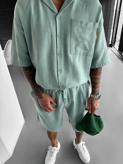 maoxiangshop Streetwear Vintage Mens Shirts Two Piece Outfits Fashion Solid Color Suits Loose Pocket Short Sleeve Shirt And Shorts Men Sets