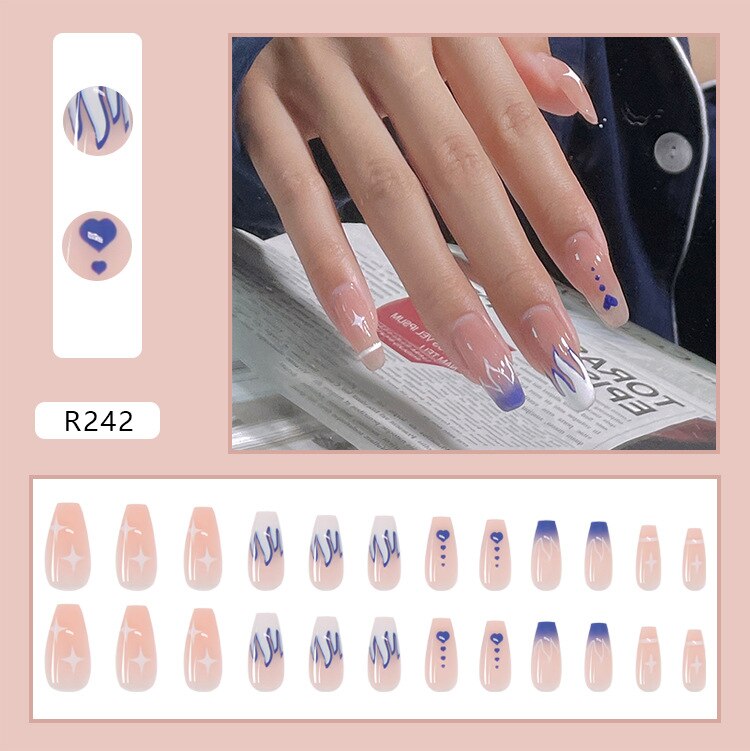 24pcs French Fake Nails Short Art Nail Tips Press Stick on False with Designs Full Cover Artificial Pink Wearable Clear Tips