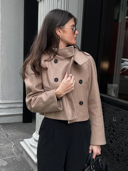maoxiangshop -  Women's Winter Crop Jakcet Casual Long Sleeve Double Breasted Stand Collar Wool Blend Coat Female Fashion Chic Top Y2K