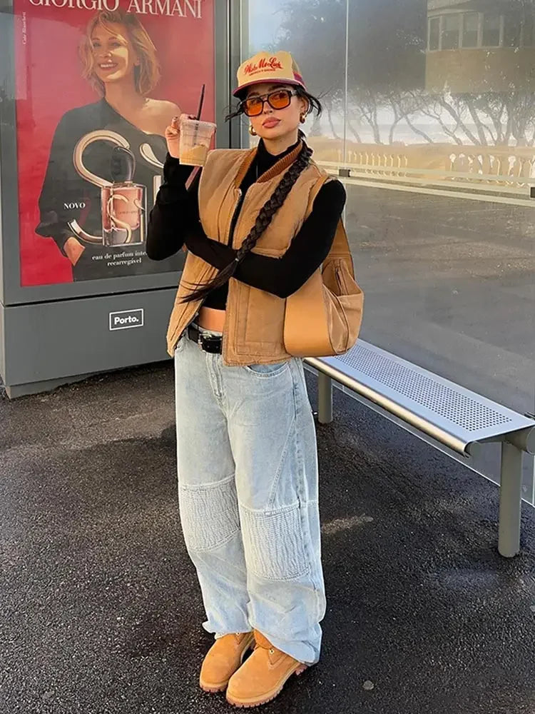 maoxiangshop -  Stand Neck Sleeveless Zipper Vest Jackets Women Thicken Warm Cotton Cardigan Waistcoat Autumn Female Fashion Pocket Outwear