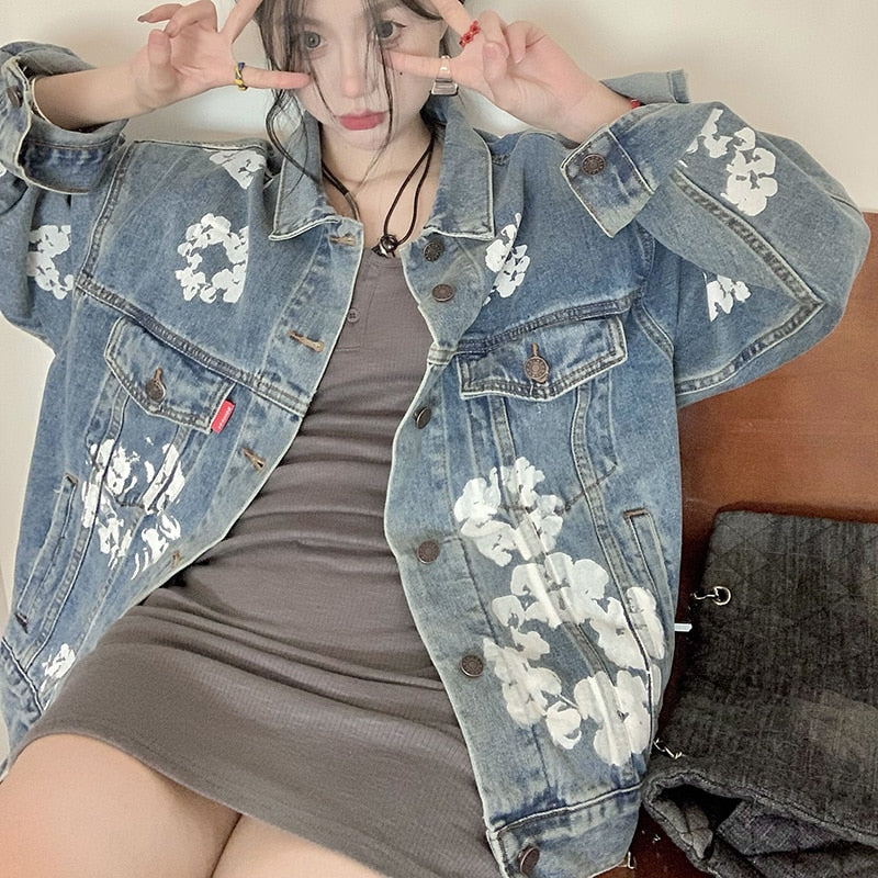 Printed Mid-length Denim Jacket Loose  Long Sleeve Coat Retro Button-up Top Women's Jacket Autumn Casual Clothes Outerwear