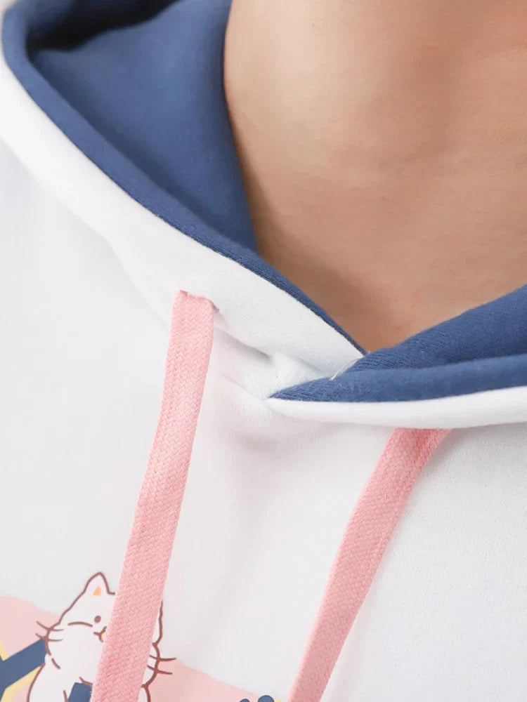 maoxiangshop Kawaii Cat Print Women Hoodies Spring Long Sleeve Drawstring Cotton Hooded Sweatshirt Female Harajuku Cute Pullover Tops