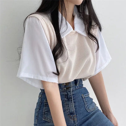 maoxiangshop Korean Spring Summer Casual Polo T-Shirt Female Pullover Women's Loose Tees Top Fake Two Piece Suit Student Preppy Style