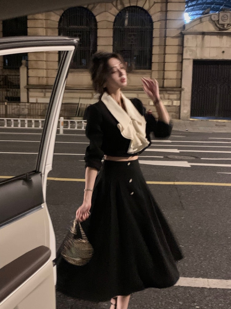 2 Piece Dress Set Women Casual Elegant Vintage Black Midi Dress Korean Clothes Y2k Crop Top Short Coats + Skirt Autumn Chic