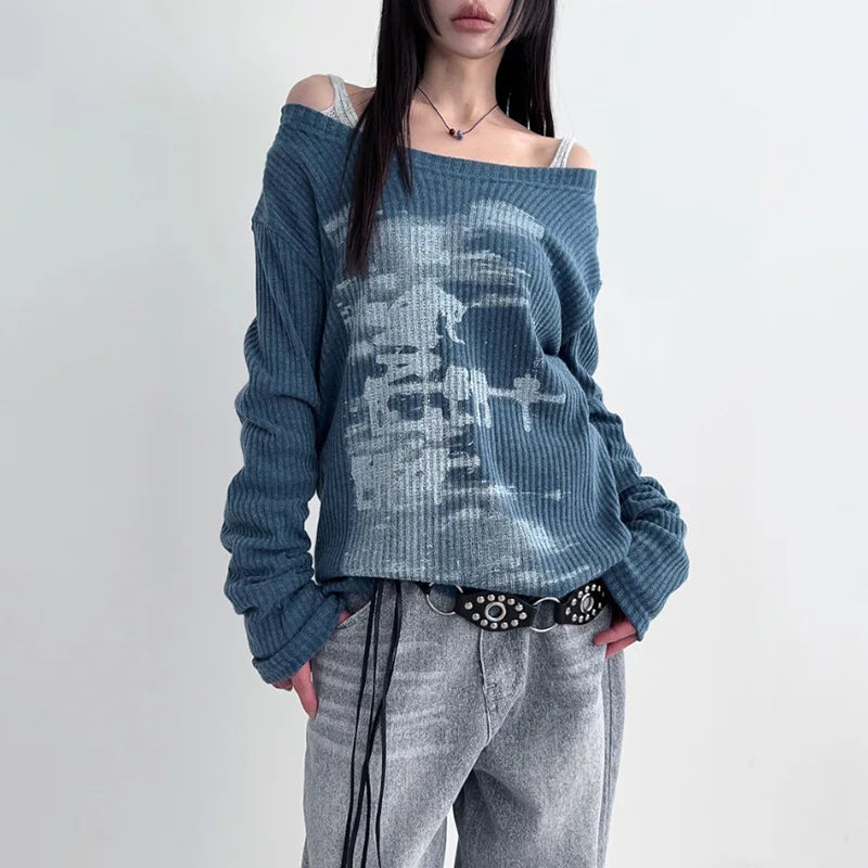 maoxiangshop  -  Autumn Harajuku Women Printing Tees Vintage Streetwear Grunge Skew Collar Tops Y2k Aesthetic Loose Casual Hiphop Vintage Tops