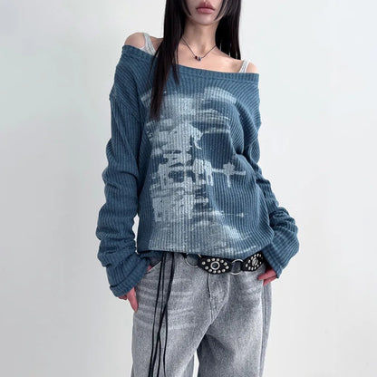 maoxiangshop  -  Autumn Harajuku Women Printing Tees Vintage Streetwear Grunge Skew Collar Tops Y2k Aesthetic Loose Casual Hiphop Vintage Tops