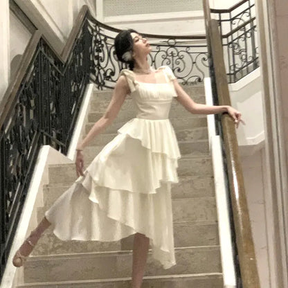 2024 French Elegant Women Wedding Party Dress Fashion Vintage A Line Tierred Robe Female Sundress Retro White Dress Vestido Pink