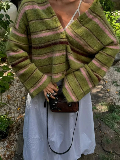 maoxiangshop  -  Elegant Stripe V Neck Women Sweater Single Breasted Loose Knitted Lady Cardigan 2024 Autumn Elegant Full Sleeve Female Coat