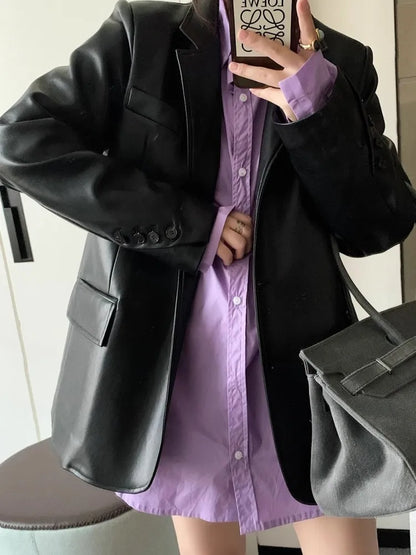 maoxiangshop  -  Fashionable Casual Suit Jacket For Women'S Autumn And Winter New Style Retro Hong Kong Style Loose Motorcycle Jacket