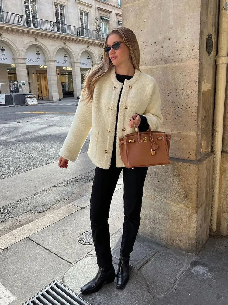 maoxiangshop -  Elegant Solid Lambwool Buttoned Coats Fashion Autumn Long Sleeve O Neck Warm Top Winter Office Ladies Pocket Outwear