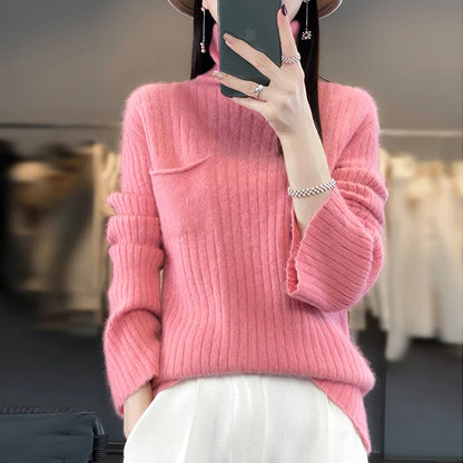 maoxiangshop Pure Mink Cashmere Sweater Women,High Pile Neck Knit Jumper,Wide Strip Large Size Long Sleeves,Autumn,Hot Sale