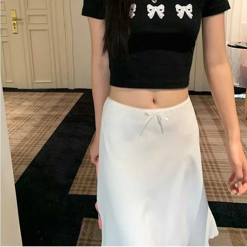 maoxiangshop White Satin Long Skirt Women vintage elegant Low Waist A-line Slim Silk sexy Y2k Midi Skirt Summer Party Skirts