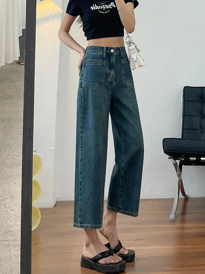 maoxiangshop Women Jeans New Straight Leg Wide Streetwear High Waist Boyfriend Pockets Denim Trousers Cargo Pants Japanese Y2k