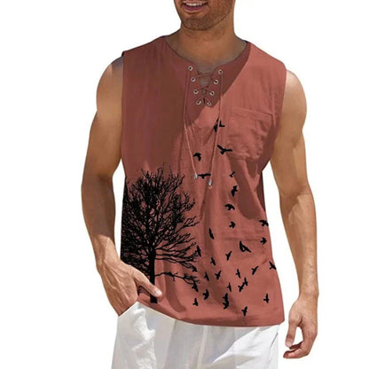 maoxiangshop Plus Size 4xl 5xl Mens Boho Tree Birds Print Shirts Summer Bandage Tops Men Sleeveless Blouse Male Pullovers Casual Shirt