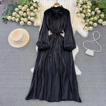 maoxiangshop Frenchic Vintage Long Dress Women Lace-up Bow Collar Lantern Sleeve Female Vestidos De Mujer Spring Elegant Dresses