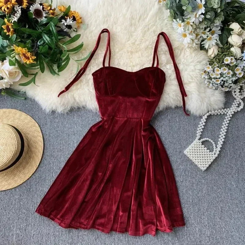 maoxiangshop Women's Mini Party Dress French Retro Black Red Sling Velvet Dress New Waist Female Sexy Short Dresses