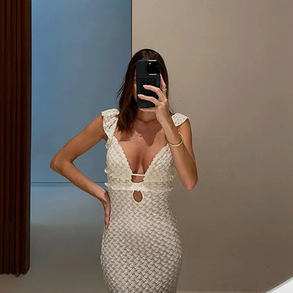 Vintage Sexy V Neck Knitted Maxi Dress Women Summer Sleeveless Backless Bodycon Long Dresses Beach Party Vacation Vestidos New