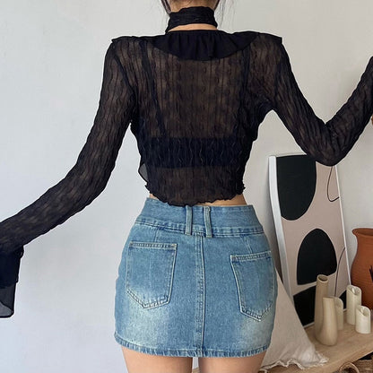 maoxiangshop Women Lace Blouses  Y2k Crop Top Sexy Gothic GrungeFemale Shirts Elegant Black Transparent Cardigan Korean Streetwear