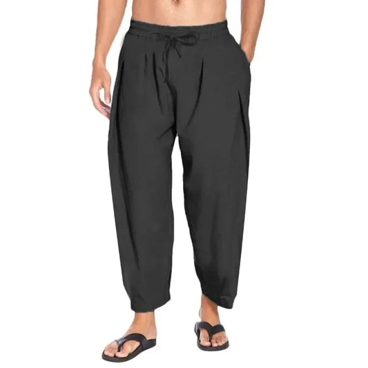 maoxiangshop Summer Mens Harem Pants Men Linen Lightweight Streetwear Solid Color Cotton Trousers Beach Track Pants Breathable Pants for Men