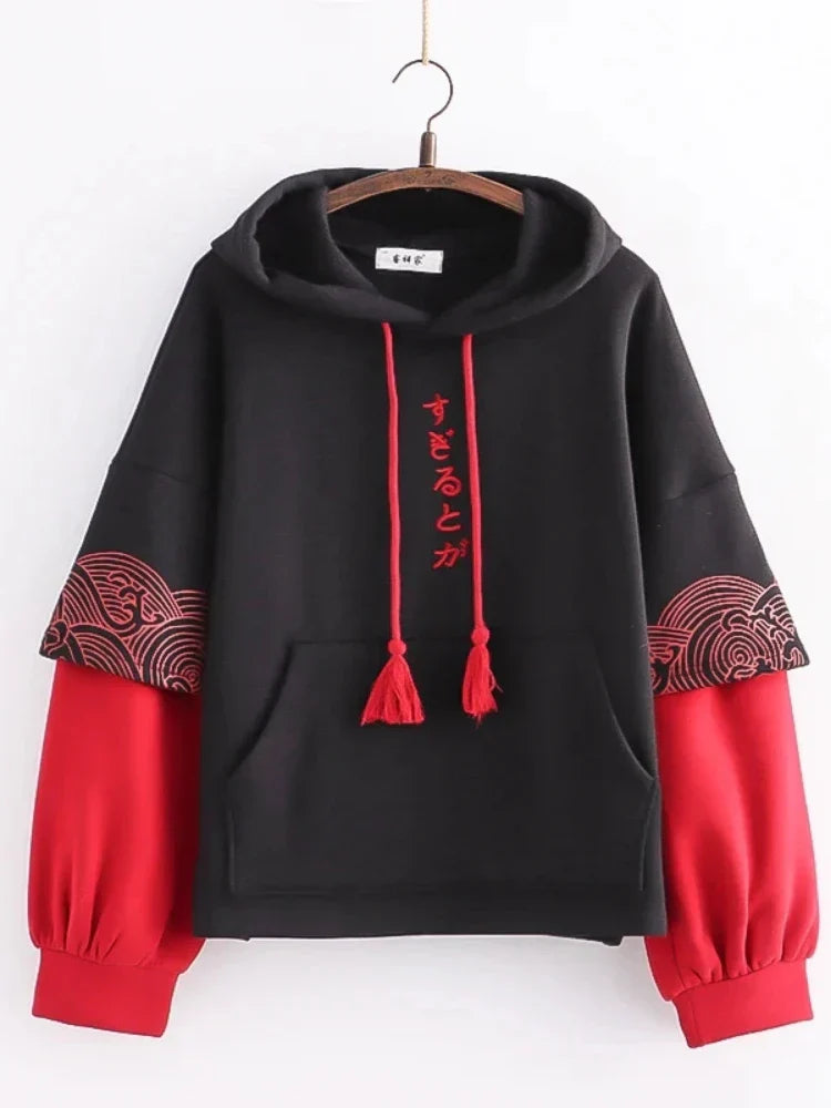 maoxiangshop Japan Style Letter Embroidery Fleece Women Hoodies Patchwork Drawstring Hooded Sweatshirt Winter Female Pullover Tops