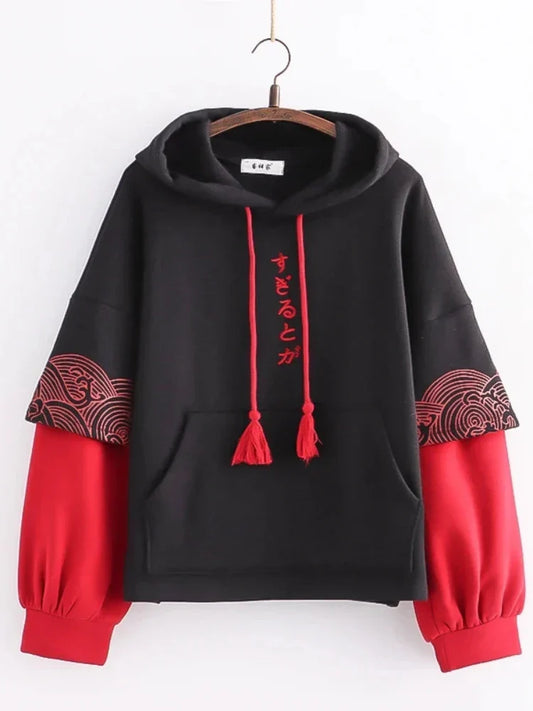maoxiangshop Japan Style Letter Embroidery Fleece Women Hoodies Patchwork Drawstring Hooded Sweatshirt Winter Female Pullover Tops