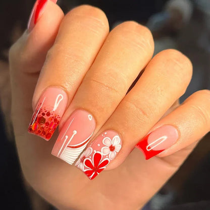 maoxiangshop 24Pcs Blue Flower False Nails Almond Cute Heart with French Design Detachable Fake Nails Artificial Press on Nails Tips Art