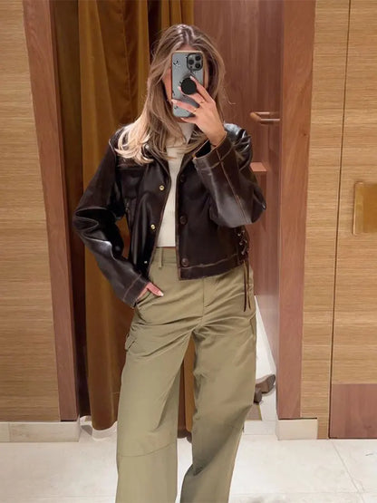 maoxiangshop  -  Fashion Pu Leather Brown Lapel Jacket Casual Long Sleeve Single Breasted Office Coat 2024 Autumn Chic High Street Lady Outwears