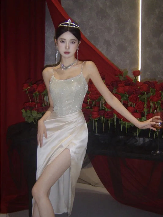 Elegant Shiny Satin Wedding Evening Dress For Women Summer Spaghetti Strap Luxurious Split Runway Vestidos Graduation Dresses
