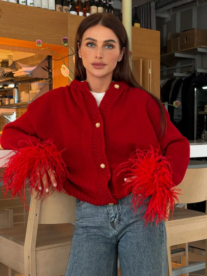 maoxiangshop  -  Women Luxury Velvet Patchwork Long Sleeve Red Sweater Elegant O Neck Single Breasted Crop Cardigan Autumn Lady Warm Knitwear