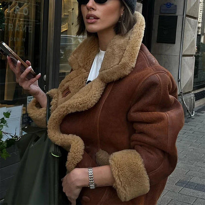 maoxiangshop  -  Vintage Lapel Lambwool Brown Jackets Women Elegant Casual Plush Single Breasted Warm Coat Female Winter Versatile Street Outwear