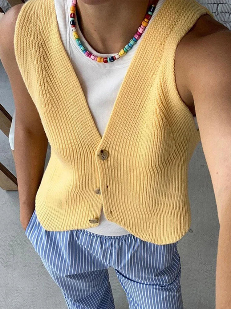 maoxiangshop  -  Casual Knitted Sleeveless Vests Women Solid Colorful Singled-Breasted Sweater Female Autumn Chic Loose Soft Tops All-matching