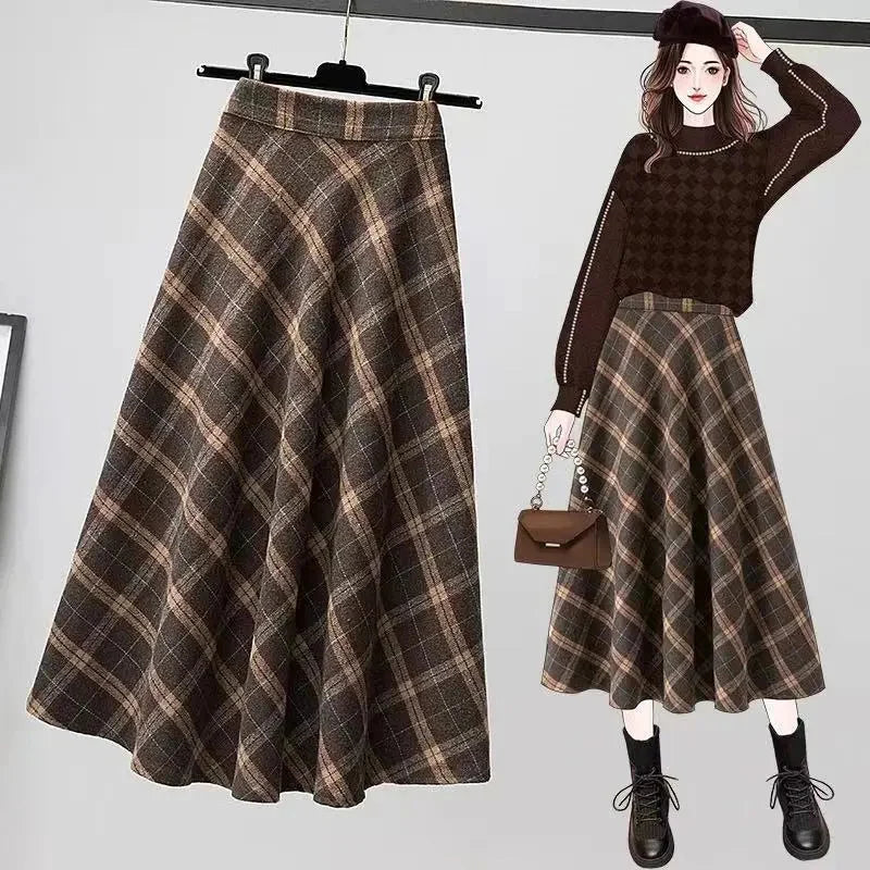 maoxiangshop Autumn Winter Woolen Skirt Women Korean Style Thick High Waist Long Skirt Woman A Line Pleated Plaid Skirt Female