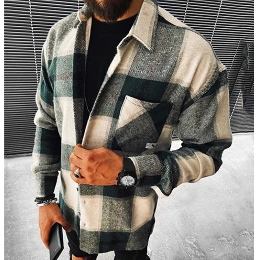 maoxiangshop Men Plaid Shirt Spring Fashion Large Size Pockets Long Sleeve Top Turn-down Collar Single-breasted Shirts