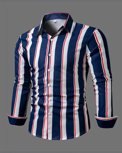 maoxiangshop Men's Fashion Loose Striped Pattern Shirt, Casual Breathable Lapel Button Long Sleeve Shirt Top Comfortable Soft Fabric 6XL
