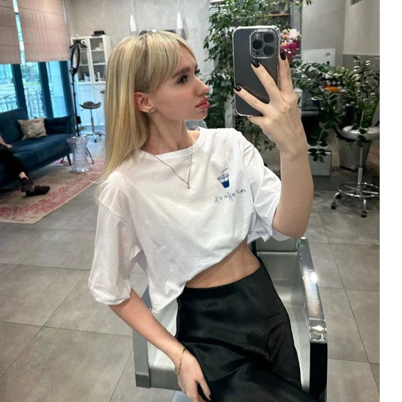 maoxiangshop  -  It Is Coffee Time Letter Print Casual Summer T-shirt Coffee Cup Pattern Cute Short Sleeve Tee Cotton Fashion Streetwear Top 2024