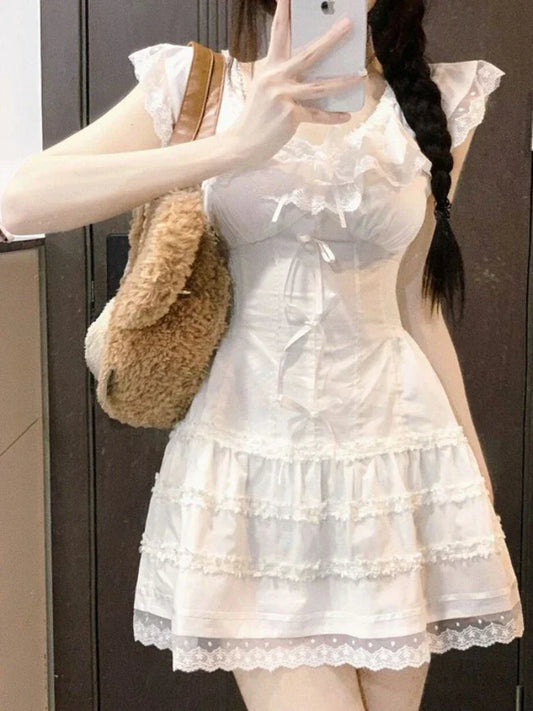 Y2k Coquette White Lolita Sweet White Kwaii Cute Mini Dress Women Lace Bow Princess Slip Lace Short Dresses 2024 Fashion