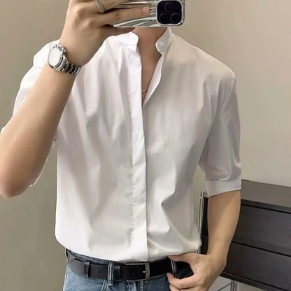 maoxiangshop Slim Fit Stand Collar Shirt Men Solid Color Shirt Stylish Stand Collar Men's Shirt for Business Commute Office Slim Fit Half